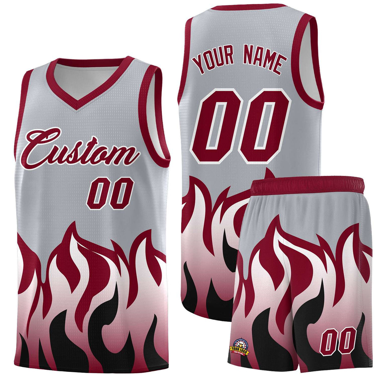 Custom Gray Crimson Hem Flame Pattern Fashion Sports Uniform Basketball jersey