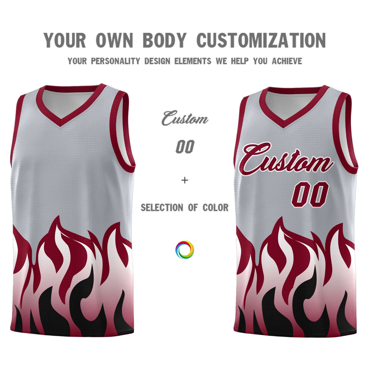 Custom Gray Crimson Hem Flame Pattern Fashion Sports Uniform Basketball jersey