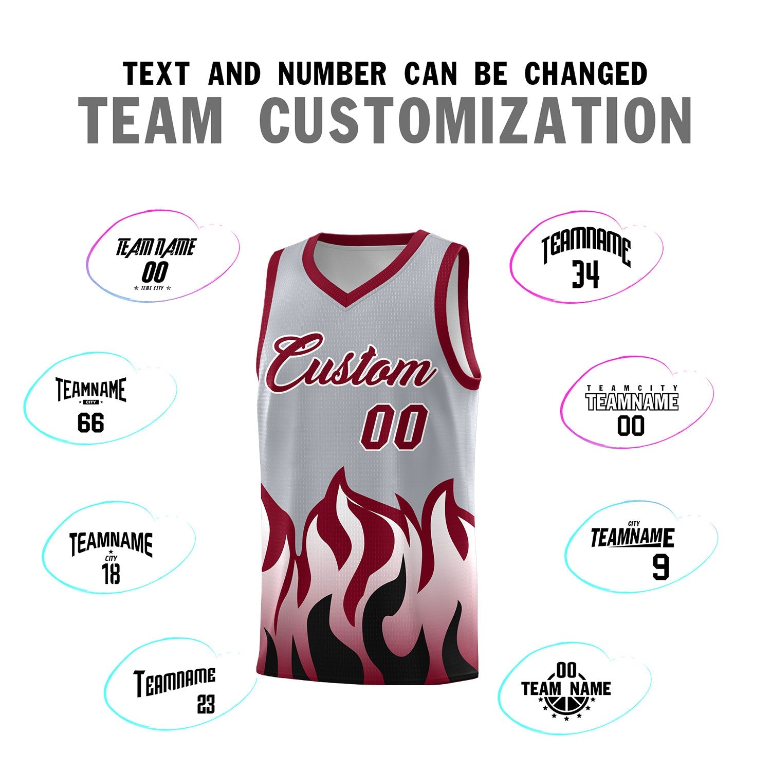 Custom Gray Crimson Hem Flame Pattern Fashion Sports Uniform Basketball jersey