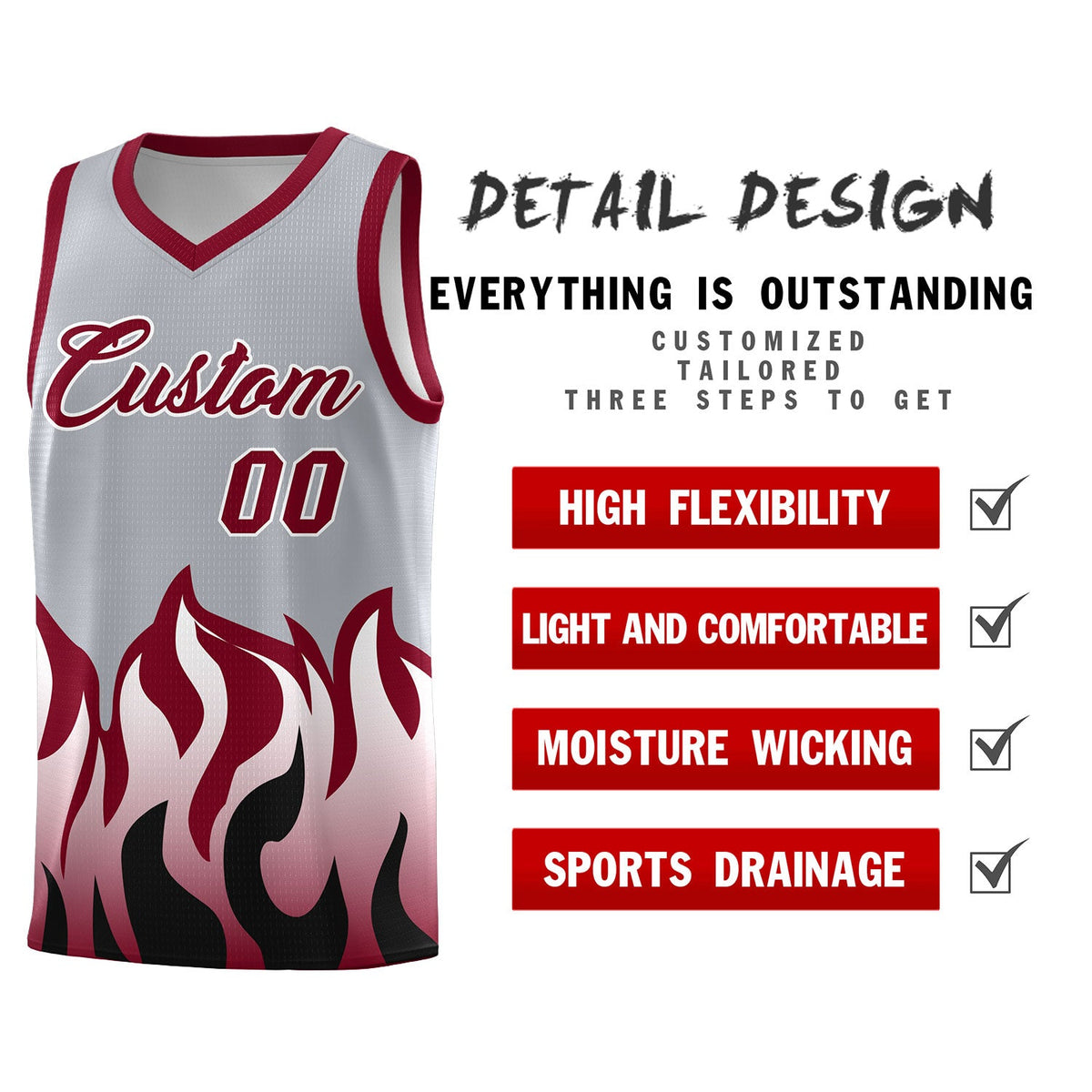 Custom Gray Crimson Hem Flame Pattern Fashion Sports Uniform Basketball jersey