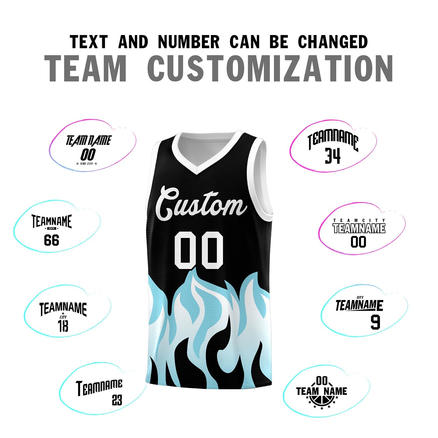 Custom Black Sky Blue Hem Flame Pattern Fashion Sports Uniform Basketball jersey