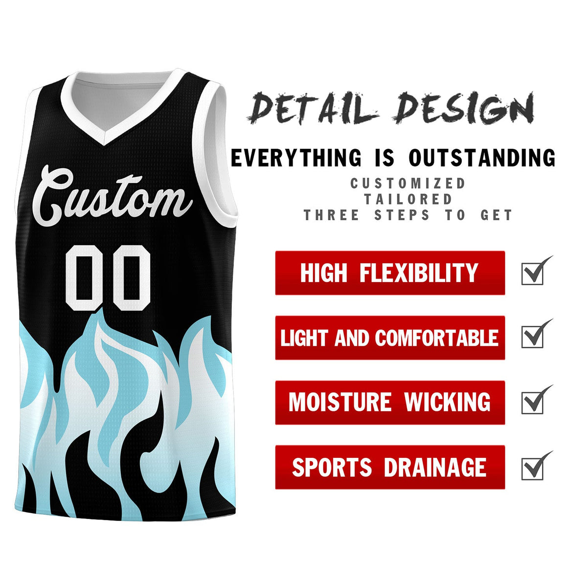 Custom Black Sky Blue Hem Flame Pattern Fashion Sports Uniform Basketball jersey