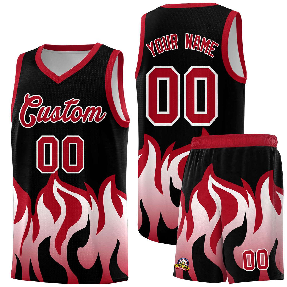 Custom Black Red Hem Flame Pattern Fashion Sports Uniform Basketball jersey