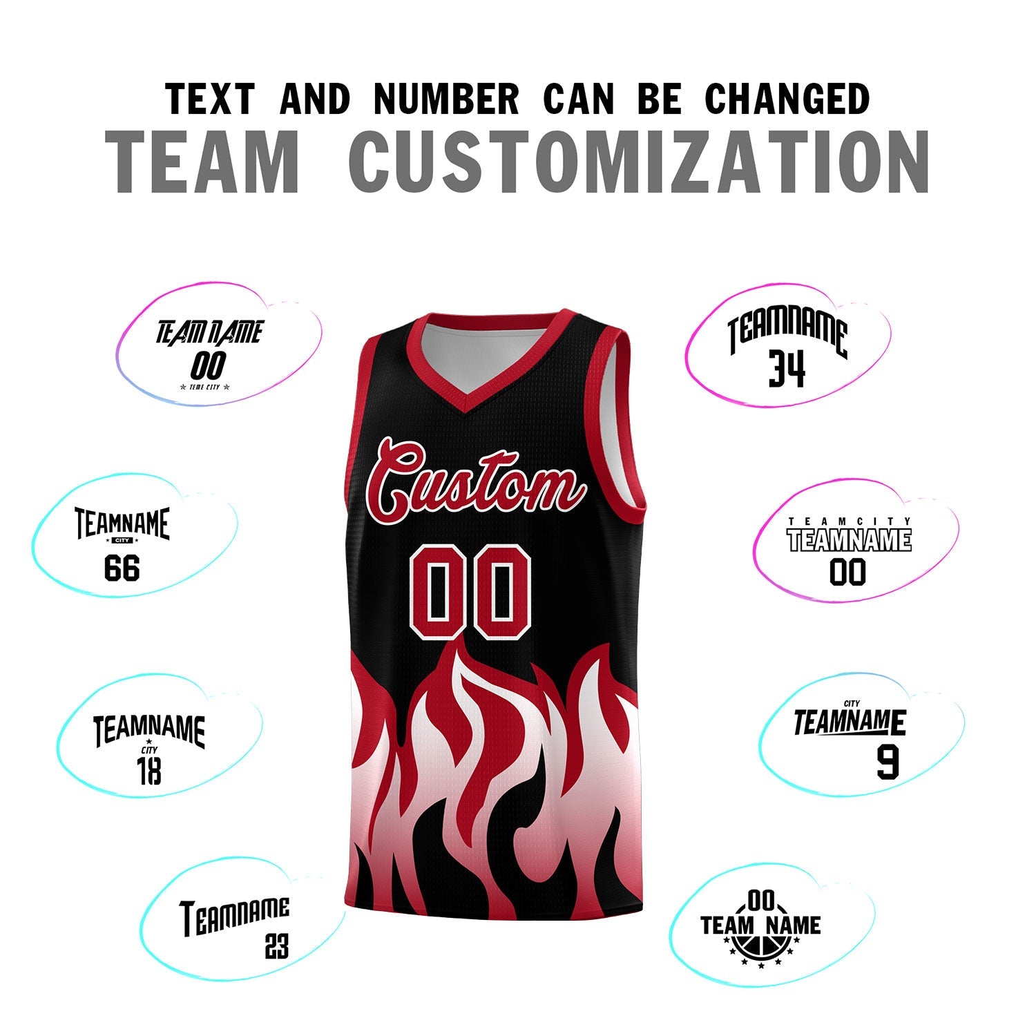 Custom Black Red Hem Flame Pattern Fashion Sports Uniform Basketball jersey