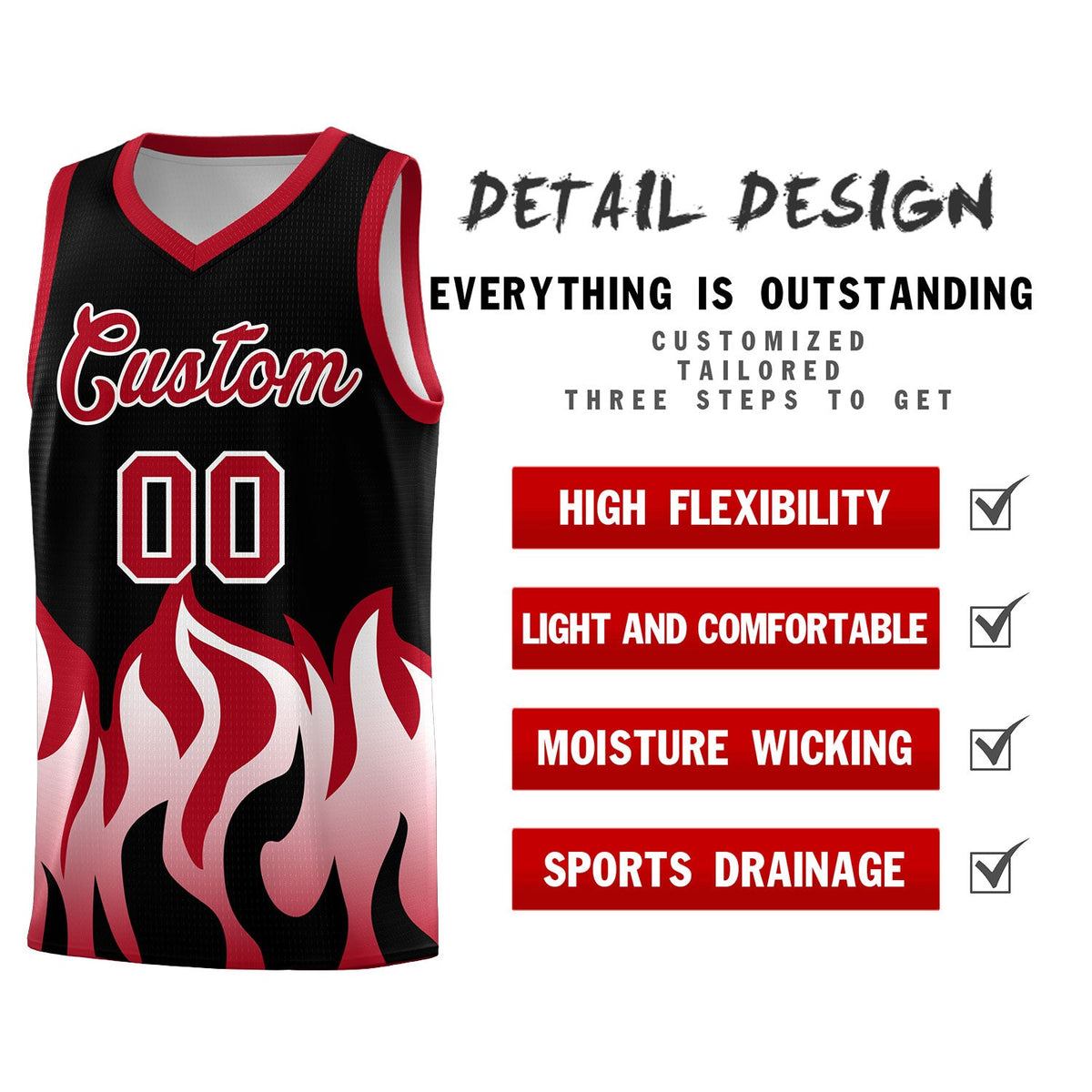 Custom Black Red Hem Flame Pattern Fashion Sports Uniform Basketball jersey