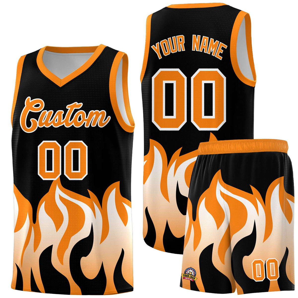 Custom Black Orange Hem Flame Pattern Fashion Sports Uniform Basketball jersey