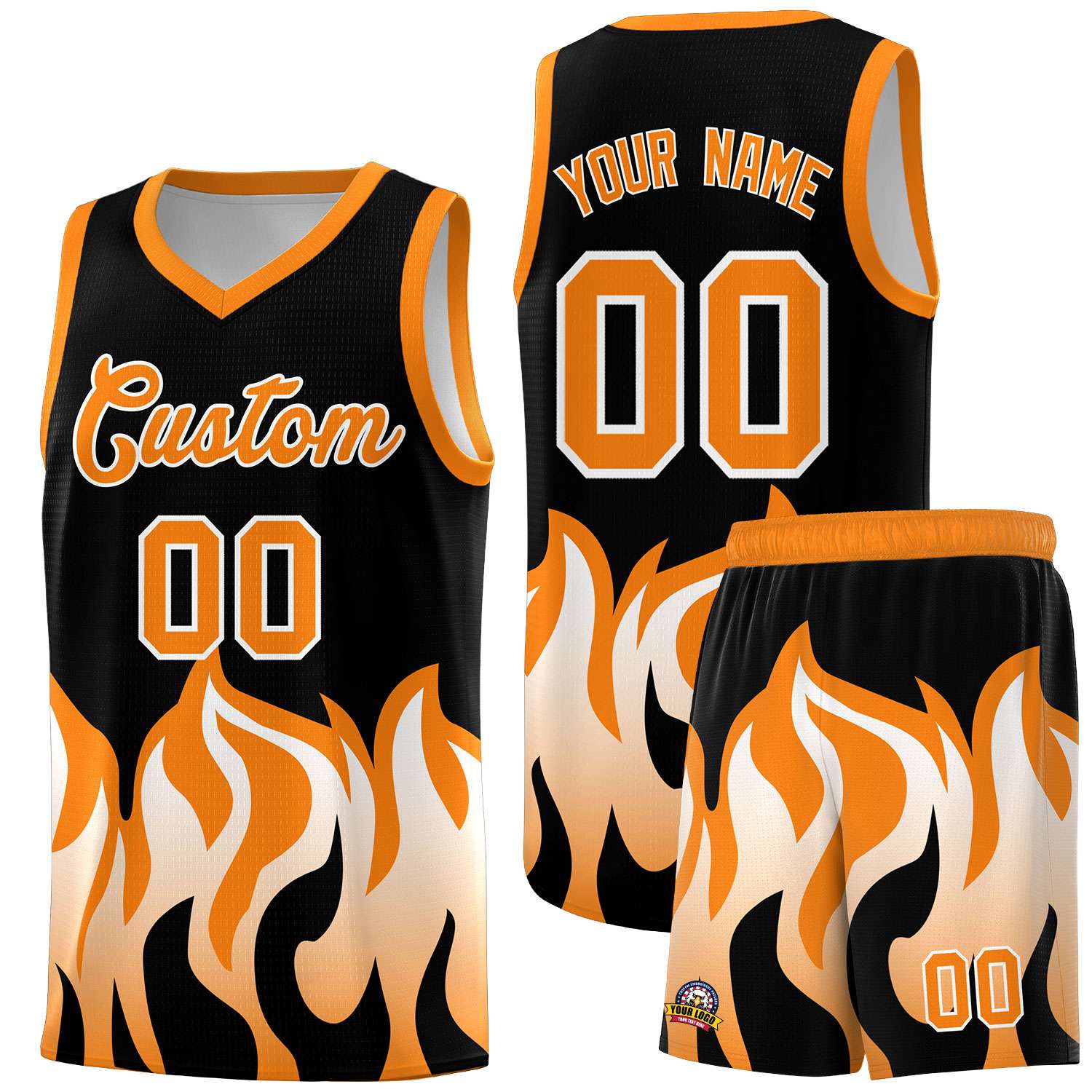Custom Black Orange Hem Flame Pattern Fashion Sports Uniform Basketball jersey