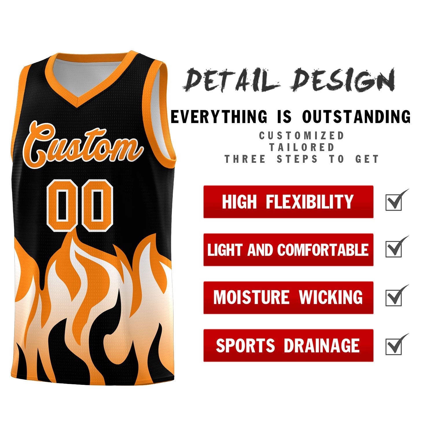 Custom Black Orange Hem Flame Pattern Fashion Sports Uniform Basketball jersey