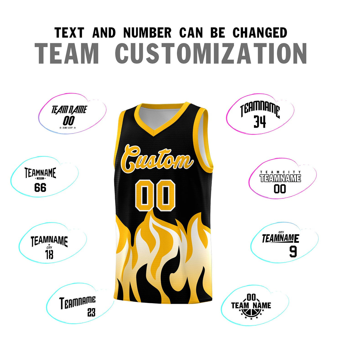 Custom Black Yellow Hem Flame Pattern Fashion Sports Uniform Basketball jersey