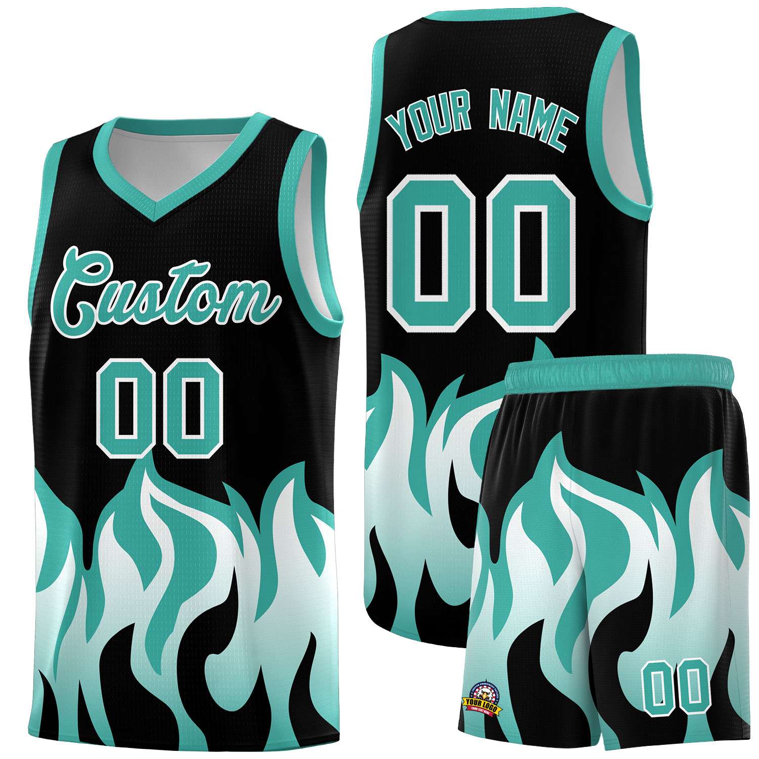 Custom Black Bright Green Hem Flame Pattern Fashion Sports Uniform Basketball jersey