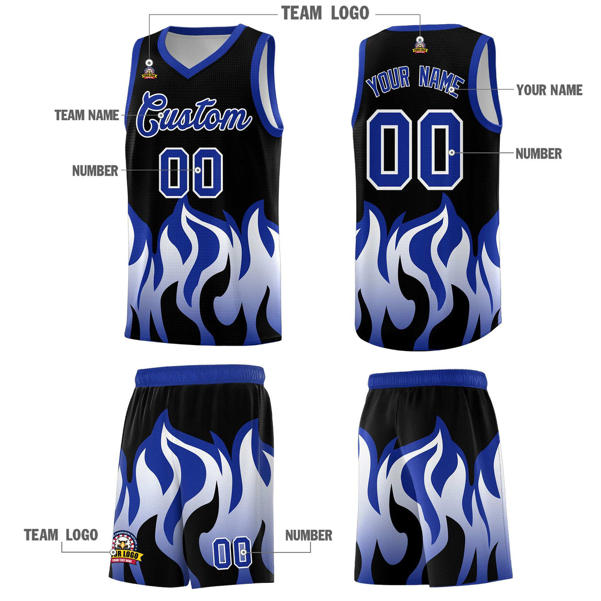 Custom Black Royal Hem Flame Pattern Fashion Sports Uniform Basketball jersey