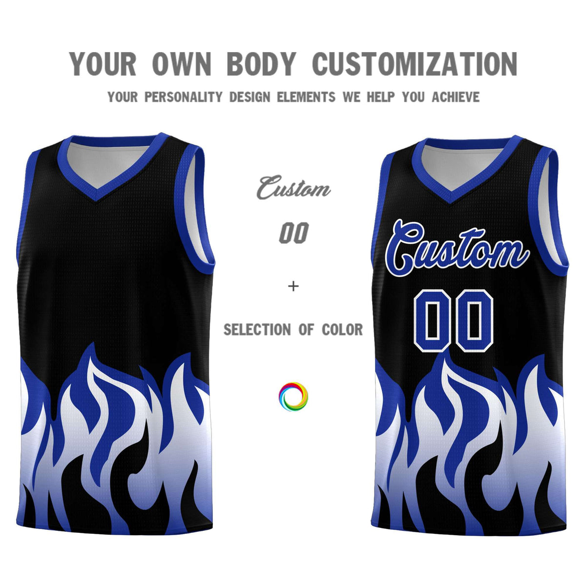 Custom Black Royal Hem Flame Pattern Fashion Sports Uniform Basketball jersey