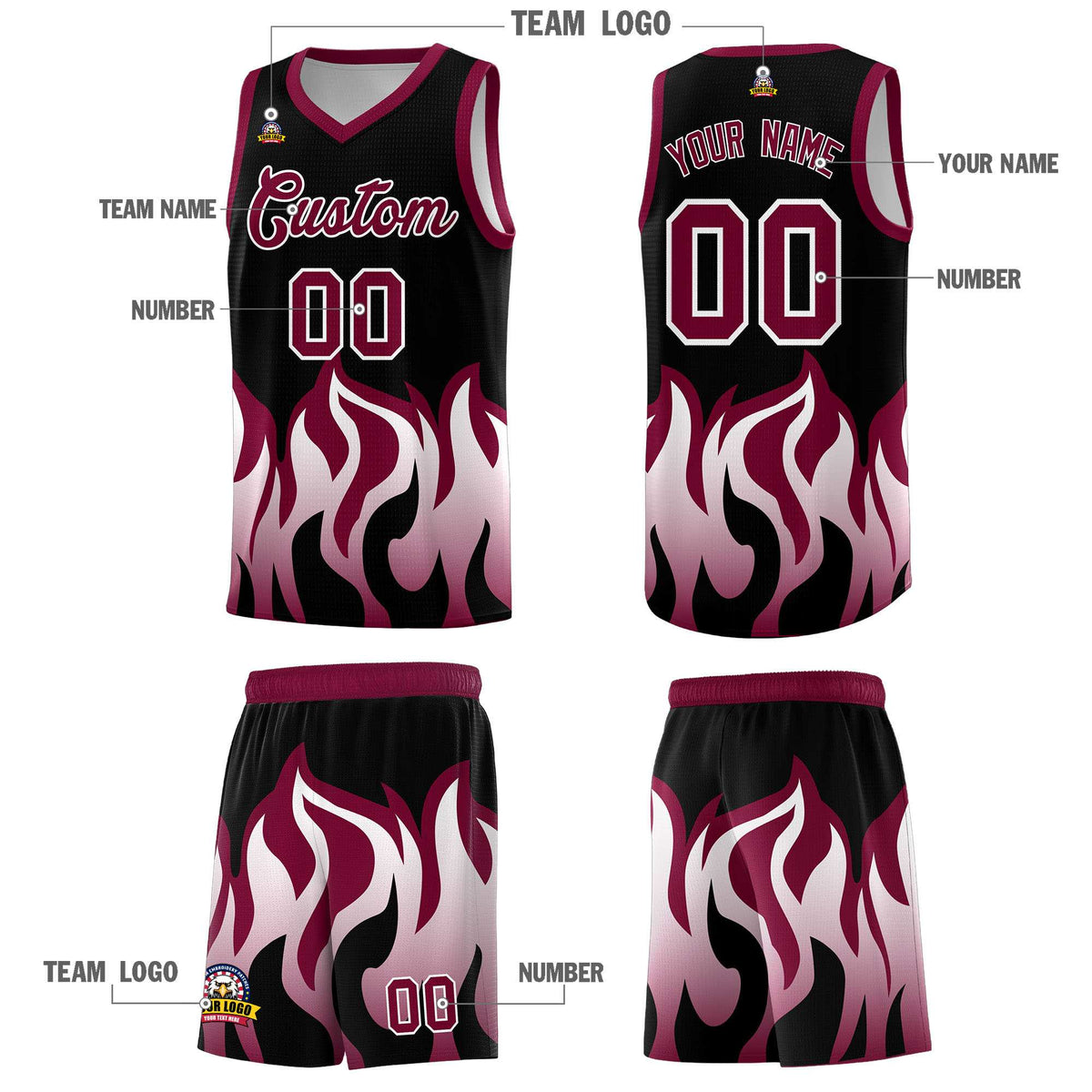 Custom Black Crimson Hem Flame Pattern Fashion Sports Uniform Basketball jersey