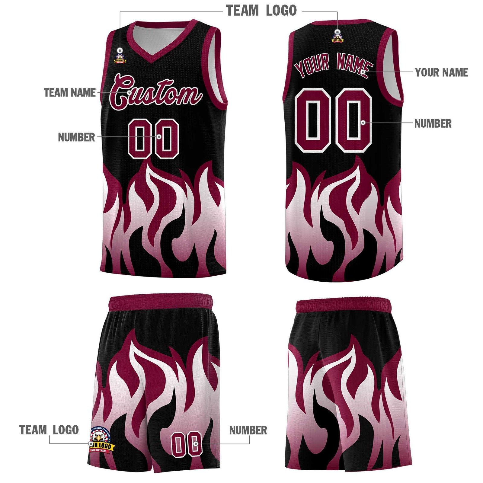 Custom Black Crimson Hem Flame Pattern Fashion Sports Uniform Basketball jersey