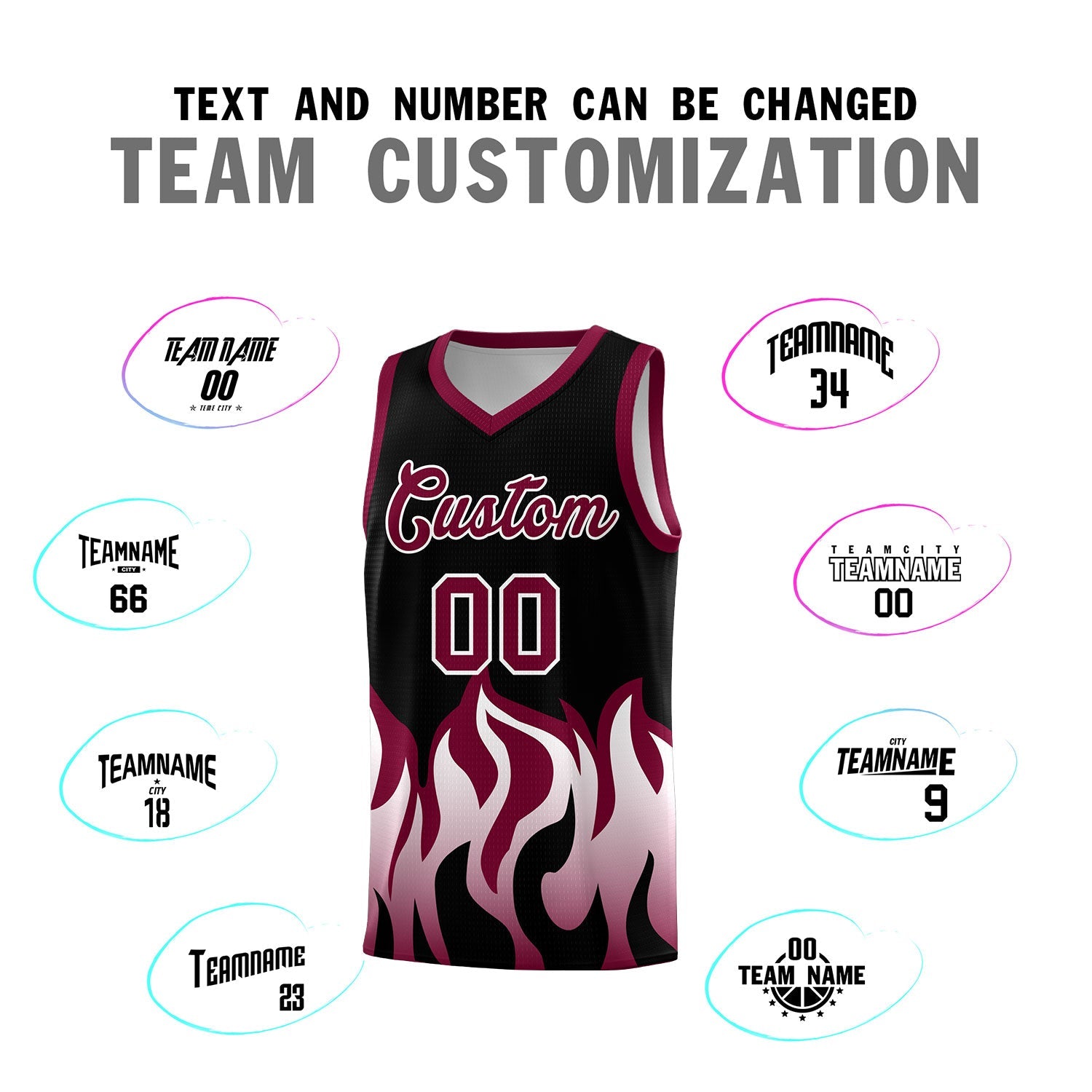 Custom Black Crimson Hem Flame Pattern Fashion Sports Uniform Basketball jersey