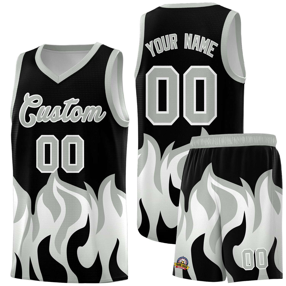 Custom Black Gray Hem Flame Pattern Fashion Sports Uniform Basketball jersey