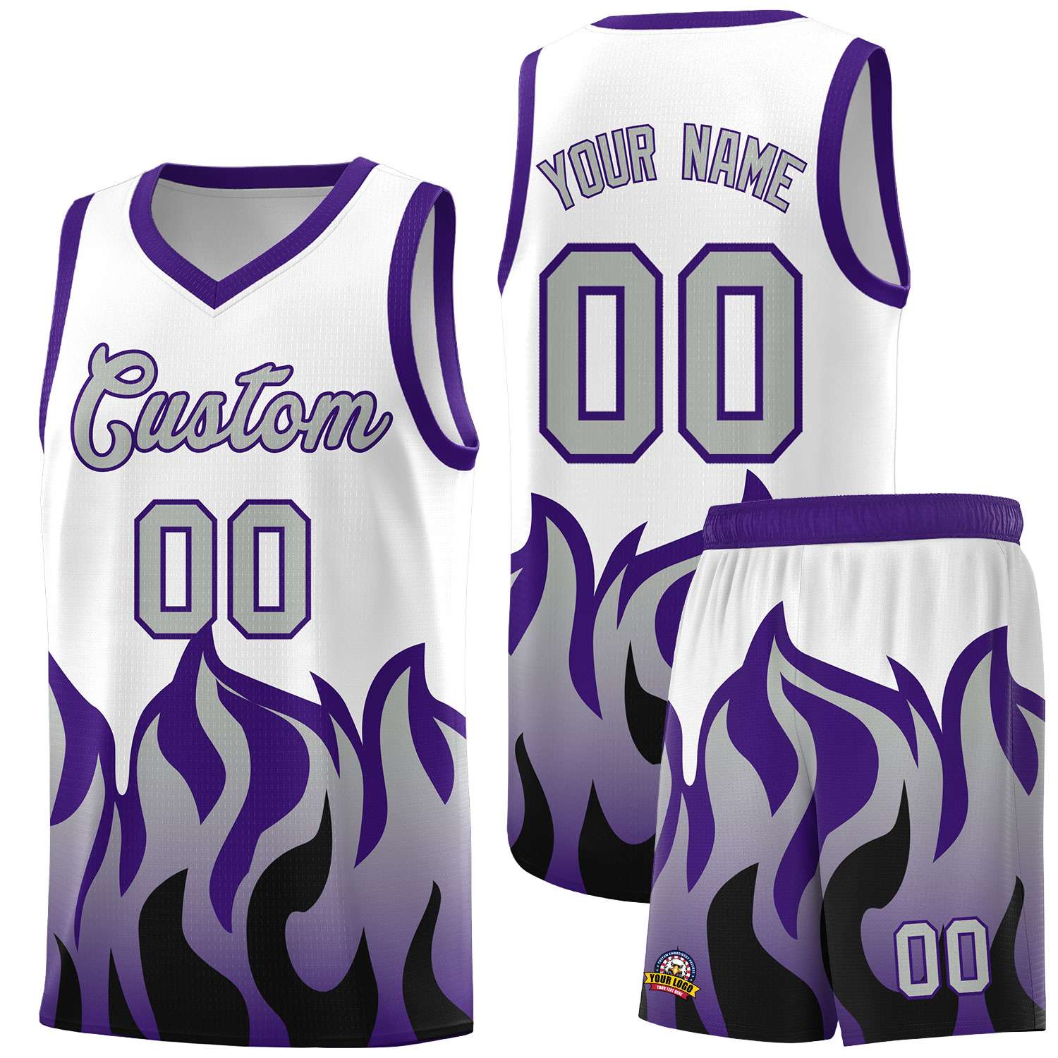 Custom White Purple Hem Flame Pattern Fashion Sports Uniform Basketball jersey