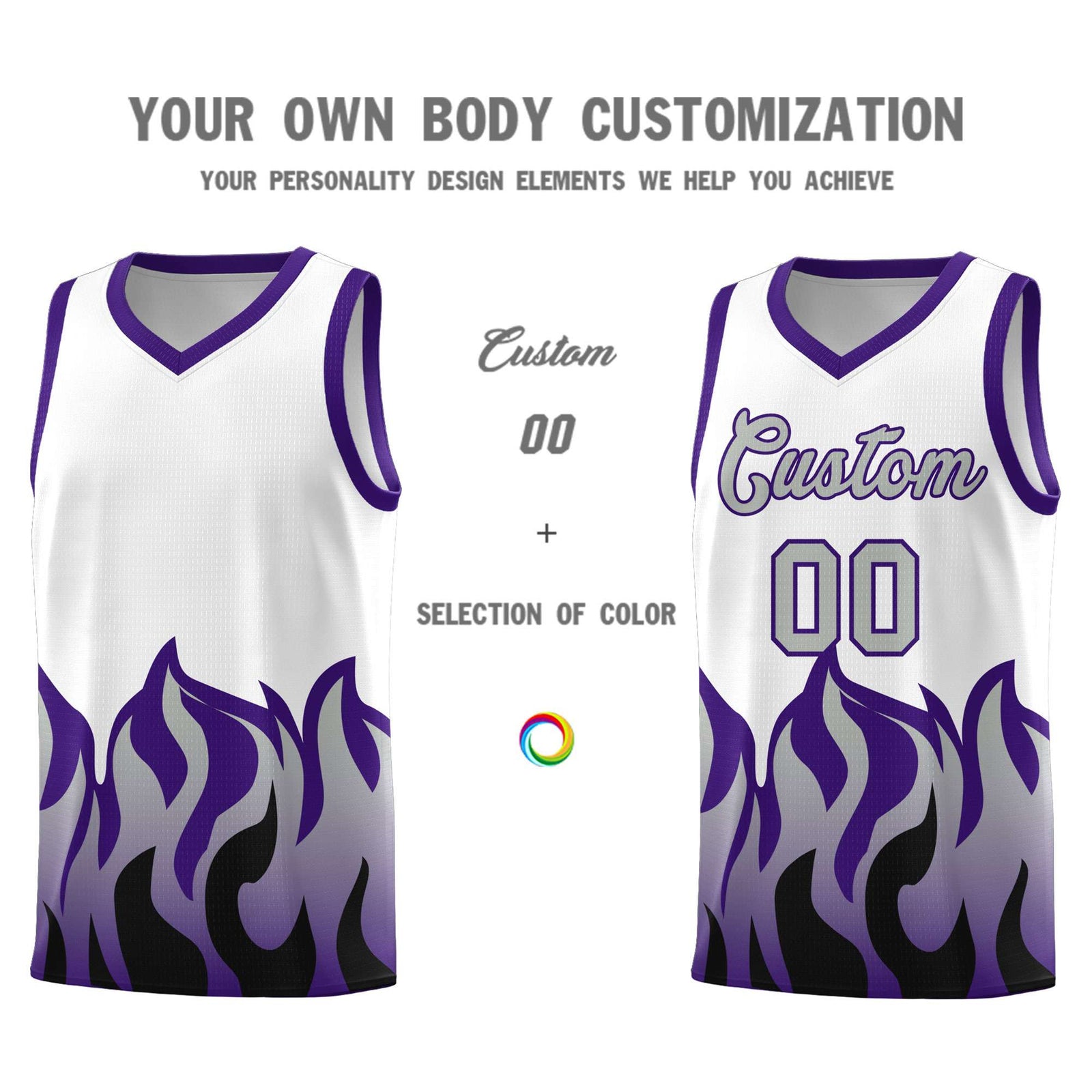 Custom White Purple Hem Flame Pattern Fashion Sports Uniform Basketball jersey