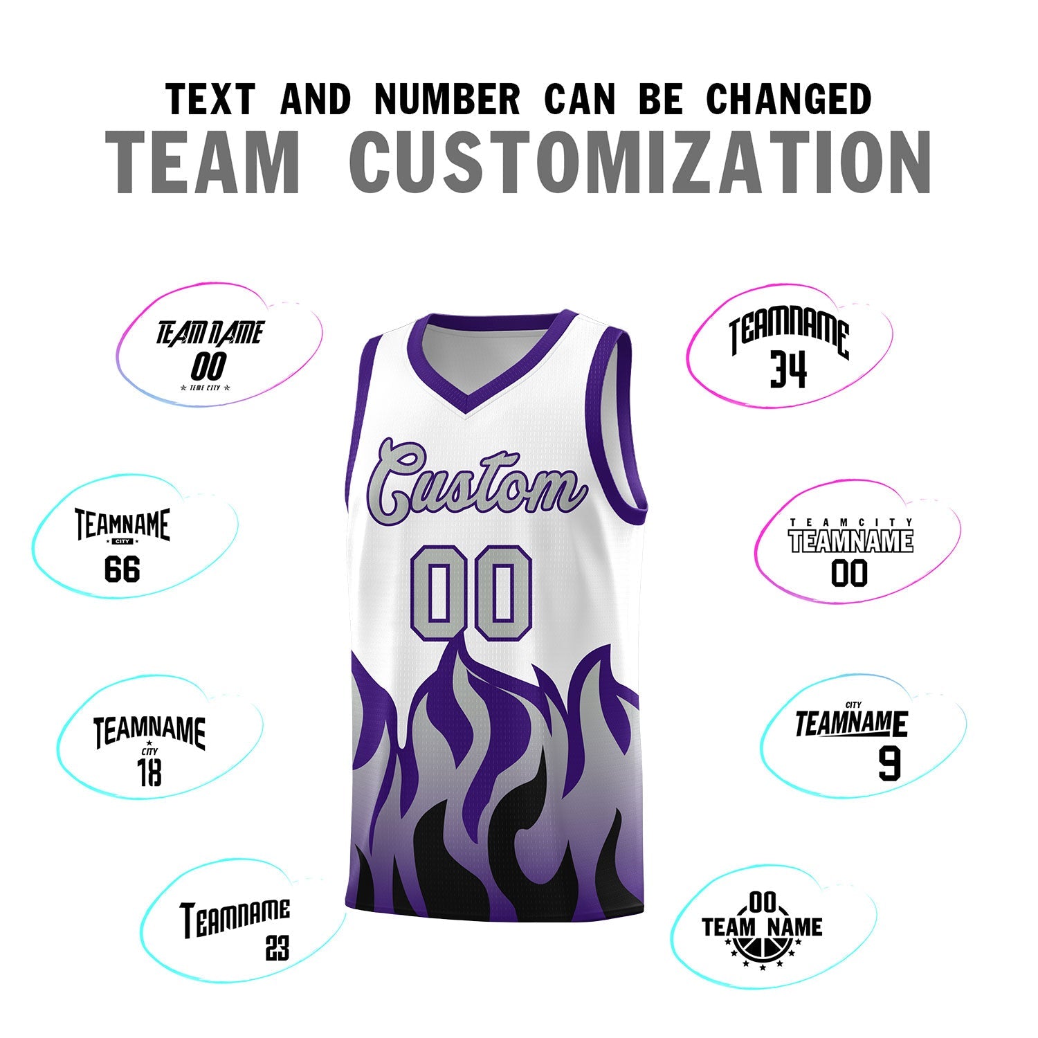 Custom White Purple Hem Flame Pattern Fashion Sports Uniform Basketball jersey