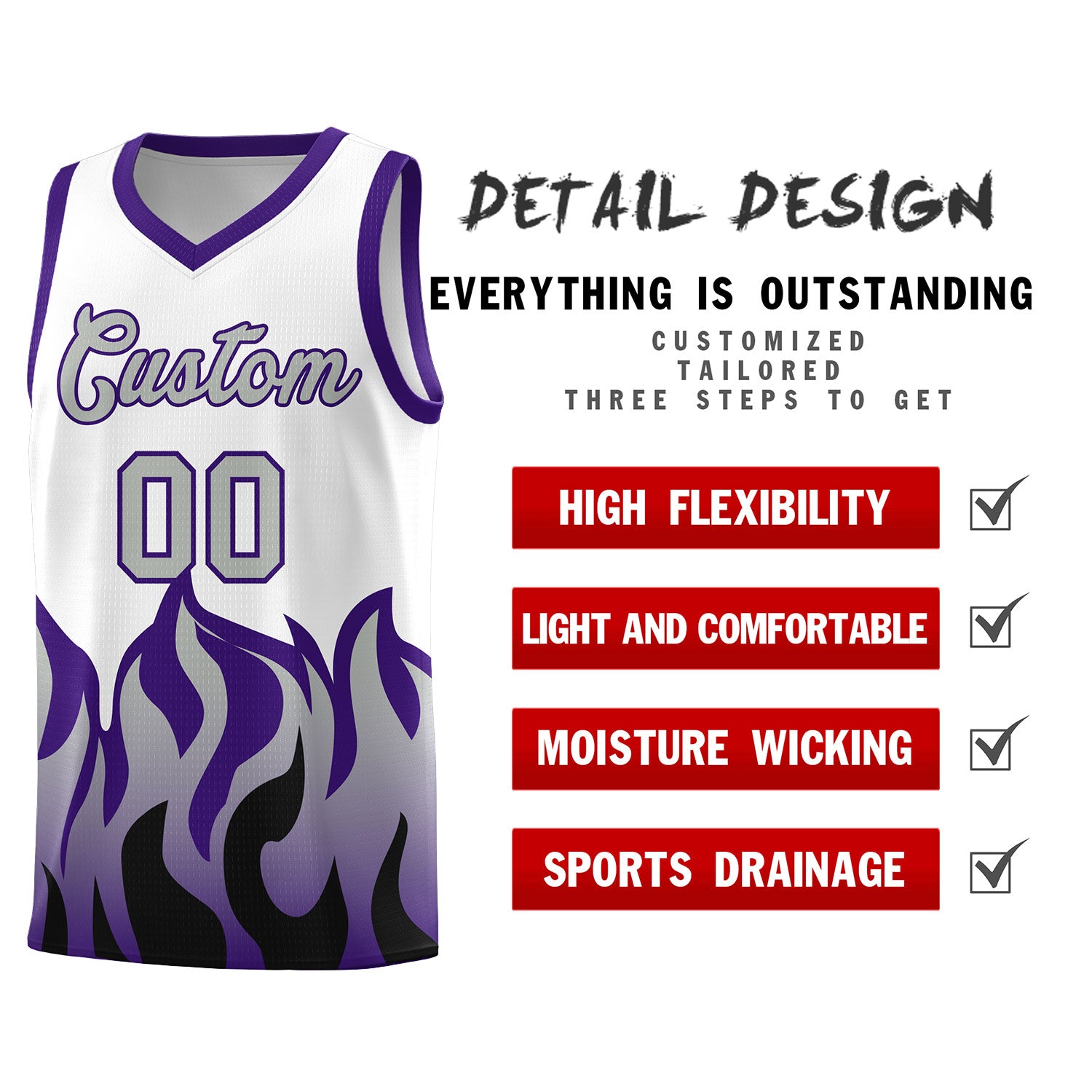 Custom White Purple Hem Flame Pattern Fashion Sports Uniform Basketball jersey