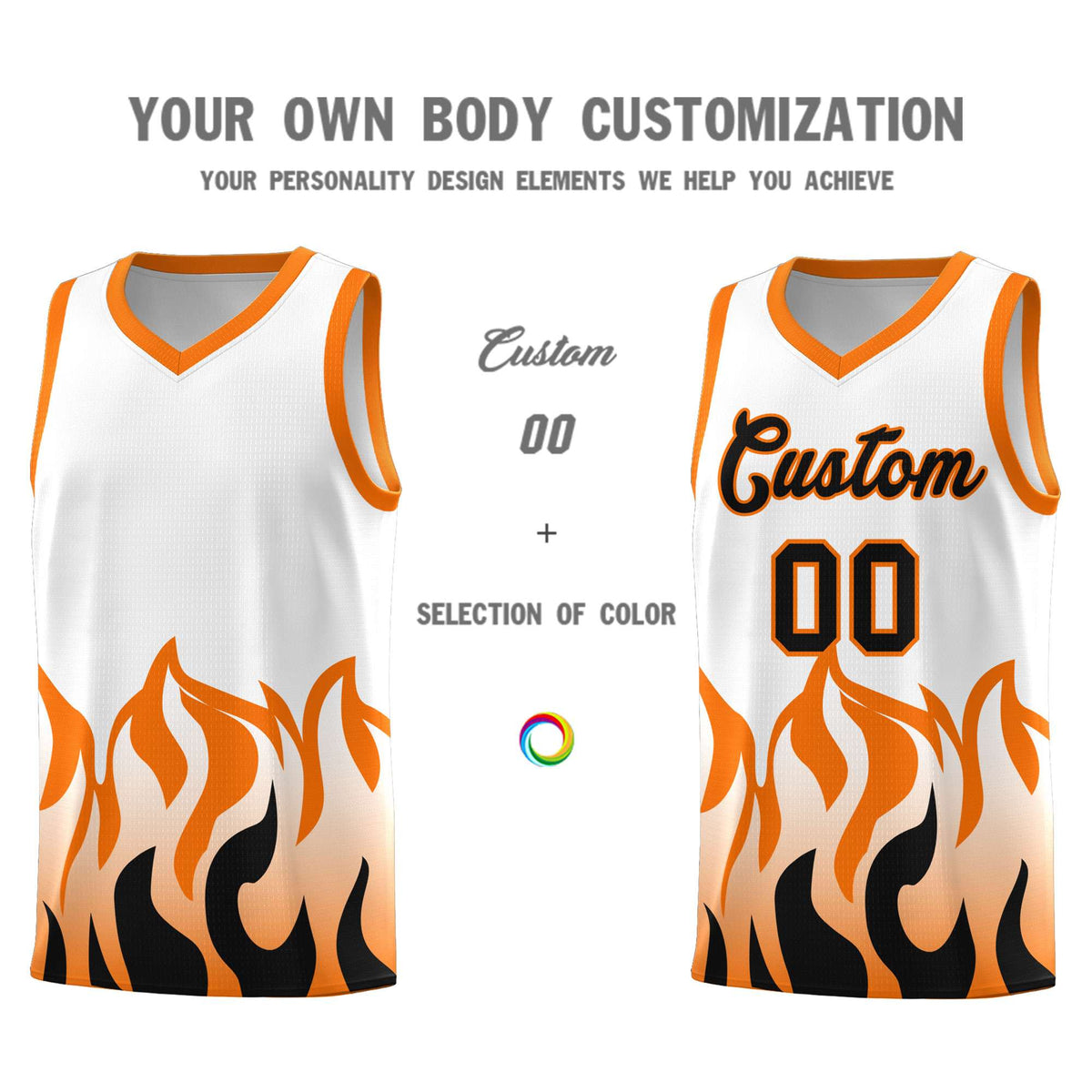 Custom White Orange Hem Flame Pattern Fashion Sports Uniform Basketball jersey