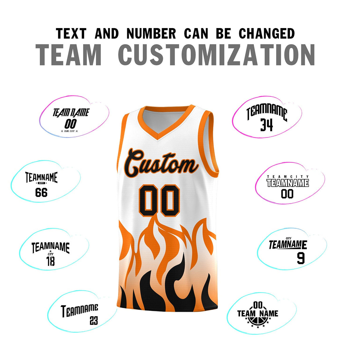 Custom White Orange Hem Flame Pattern Fashion Sports Uniform Basketball jersey