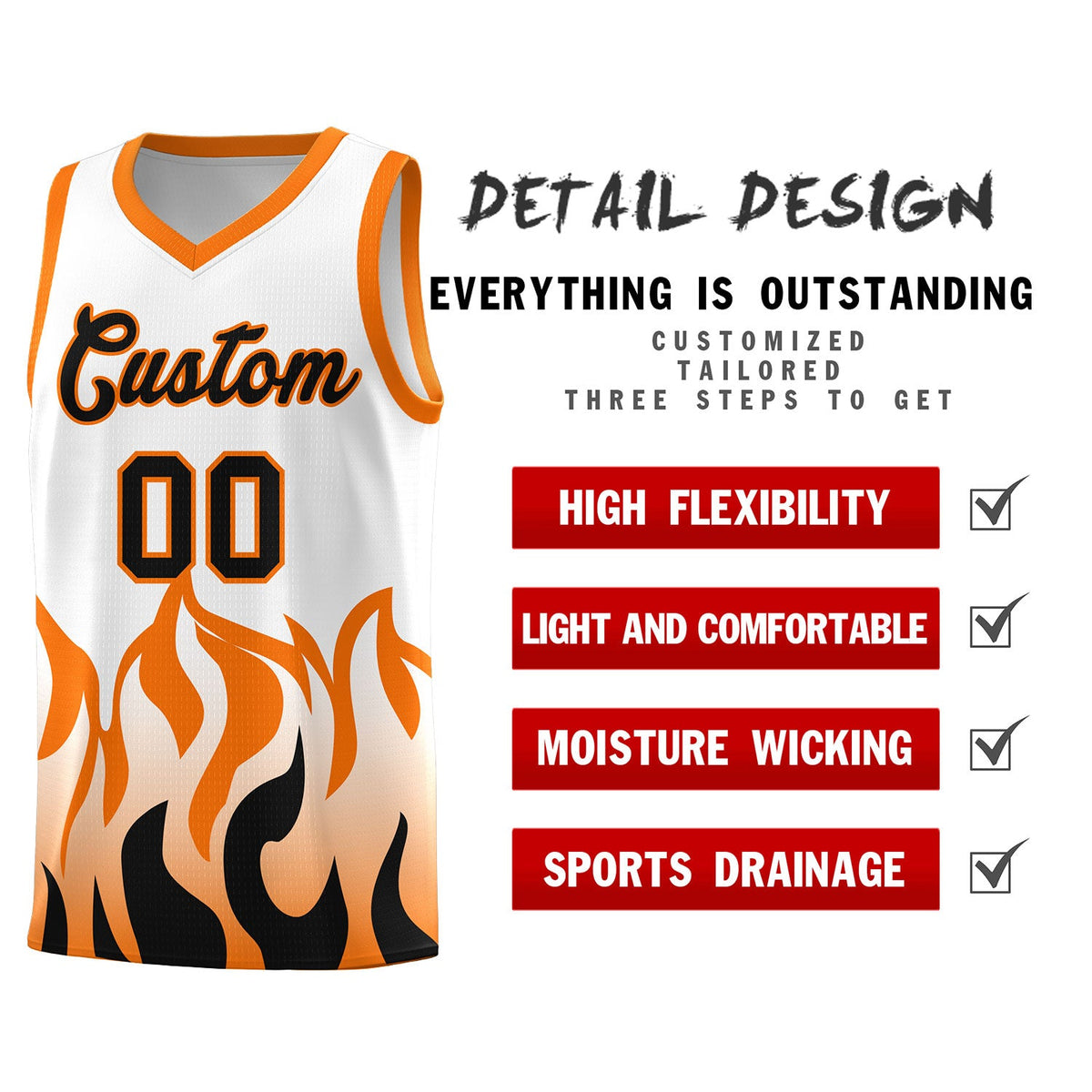 Custom White Orange Hem Flame Pattern Fashion Sports Uniform Basketball jersey