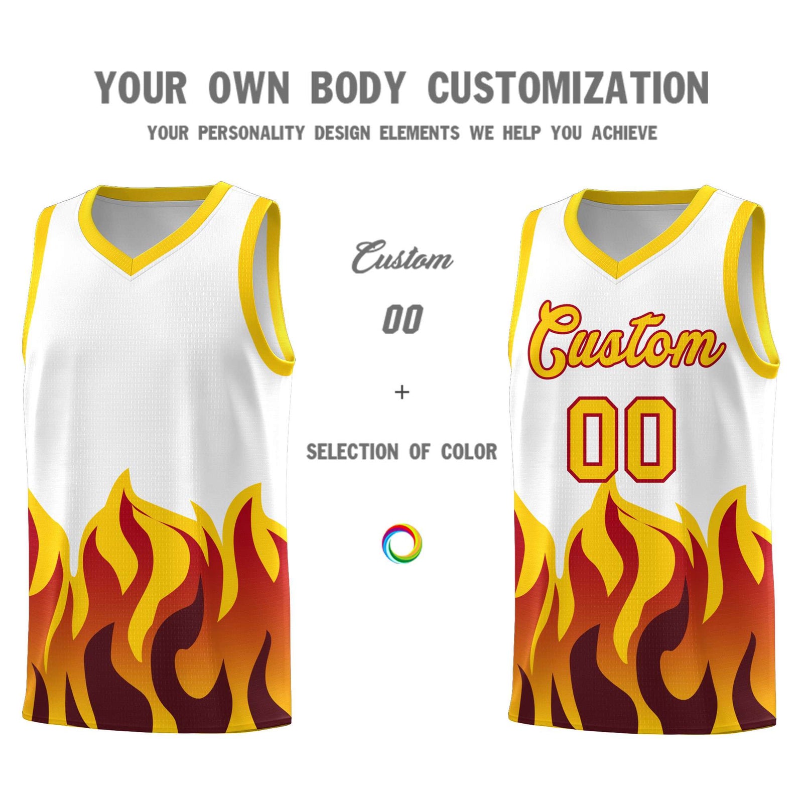 Custom White Gold Hem Flame Pattern Fashion Sports Uniform Basketball jersey