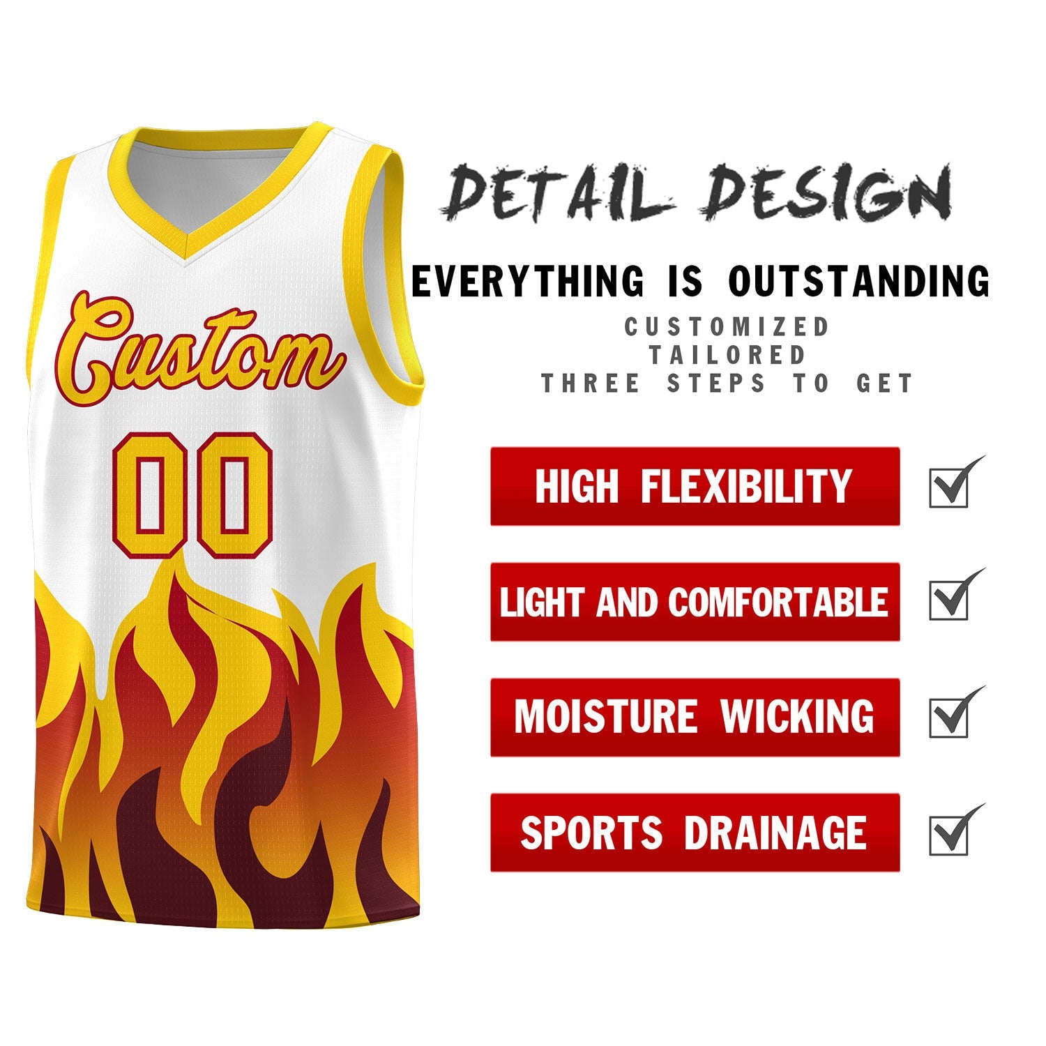 Custom White Gold Hem Flame Pattern Fashion Sports Uniform Basketball jersey