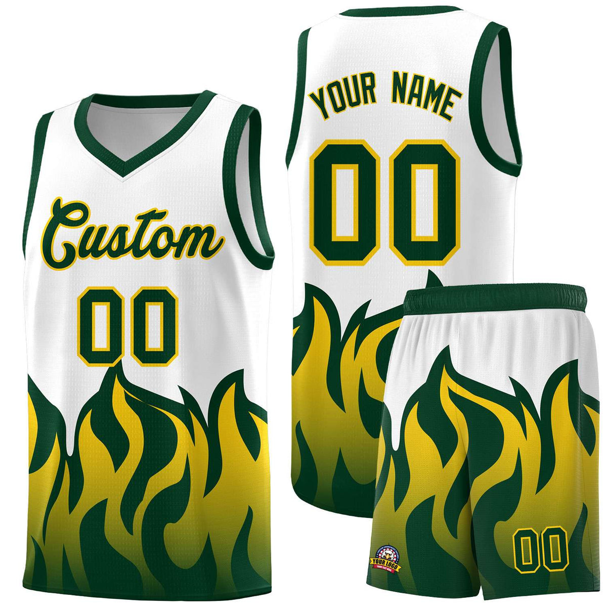 Custom White Hunter Green Hem Flame Pattern Fashion Sports Uniform Basketball jersey