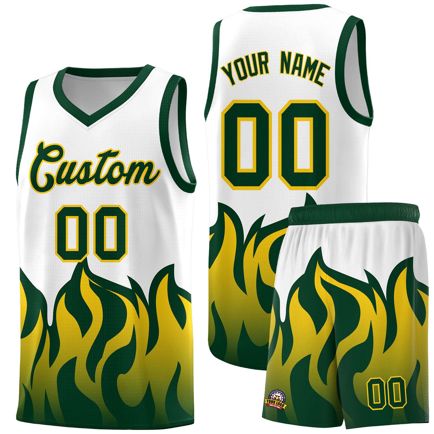 Custom White Hunter Green Hem Flame Pattern Fashion Sports Uniform Basketball jersey