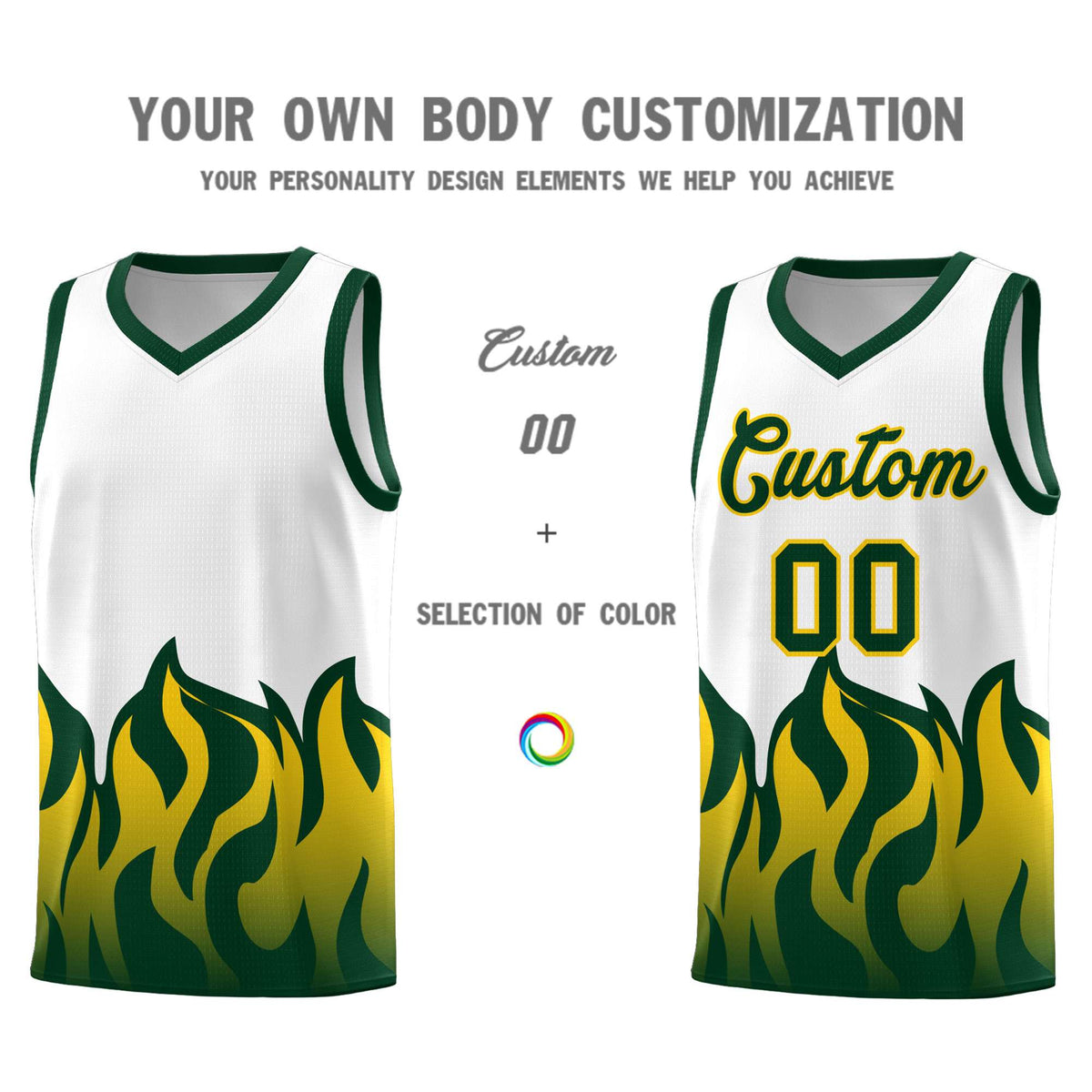 Custom White Hunter Green Hem Flame Pattern Fashion Sports Uniform Basketball jersey