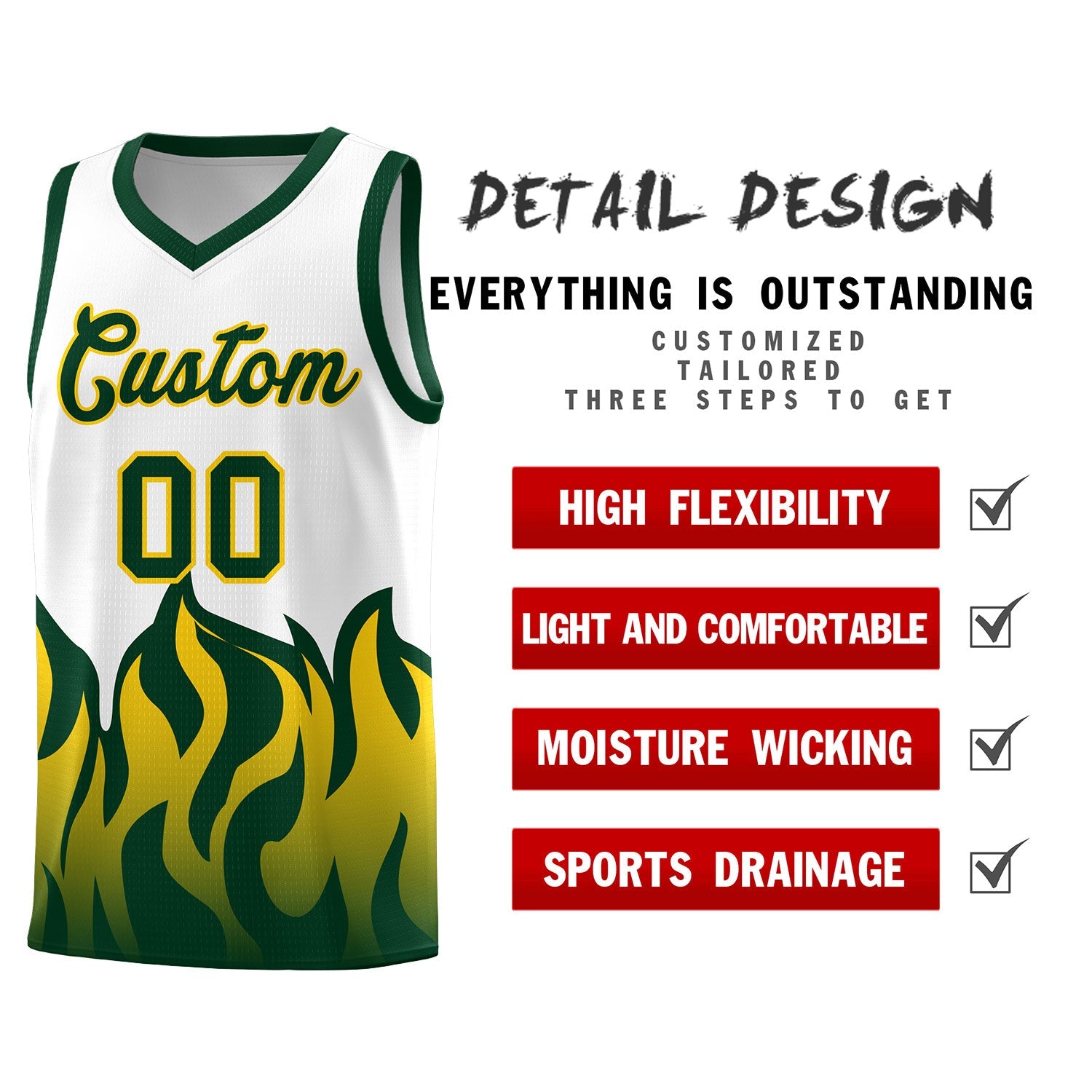 Custom White Hunter Green Hem Flame Pattern Fashion Sports Uniform Basketball jersey