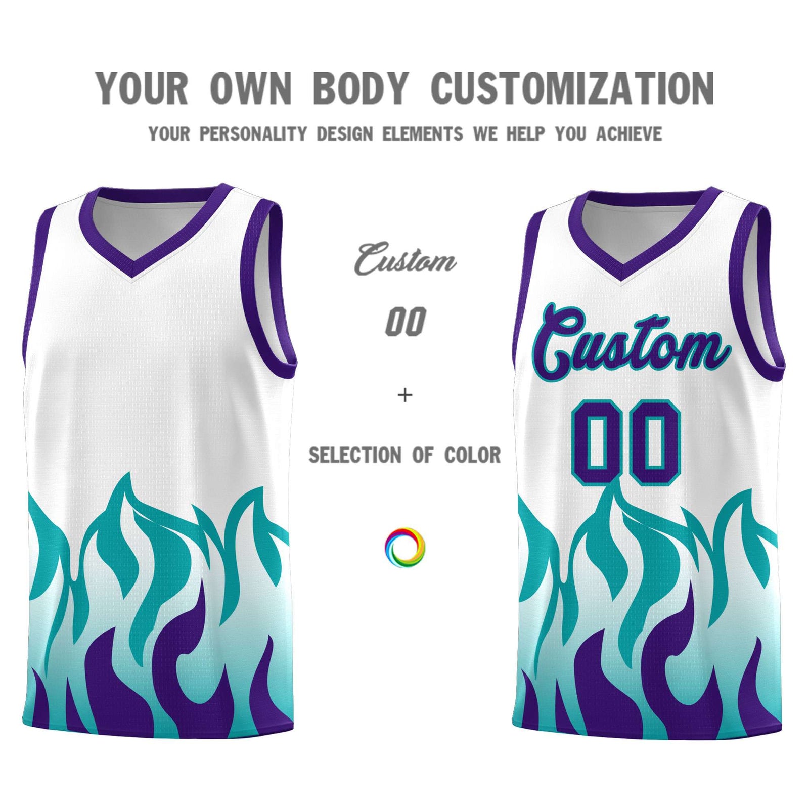 Custom White Aqua Hem Flame Pattern Fashion Sports Uniform Basketball jersey