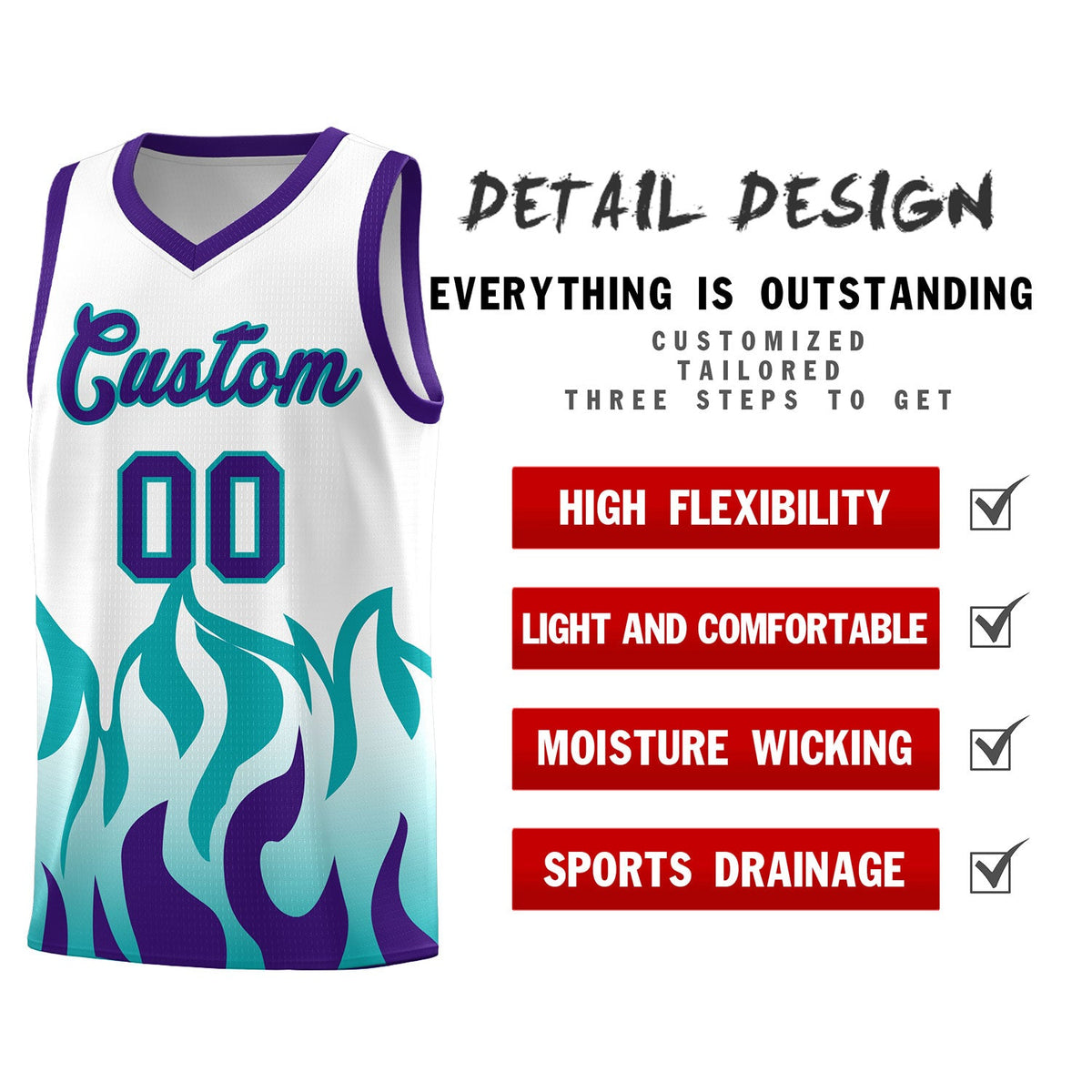 Custom White Aqua Hem Flame Pattern Fashion Sports Uniform Basketball jersey