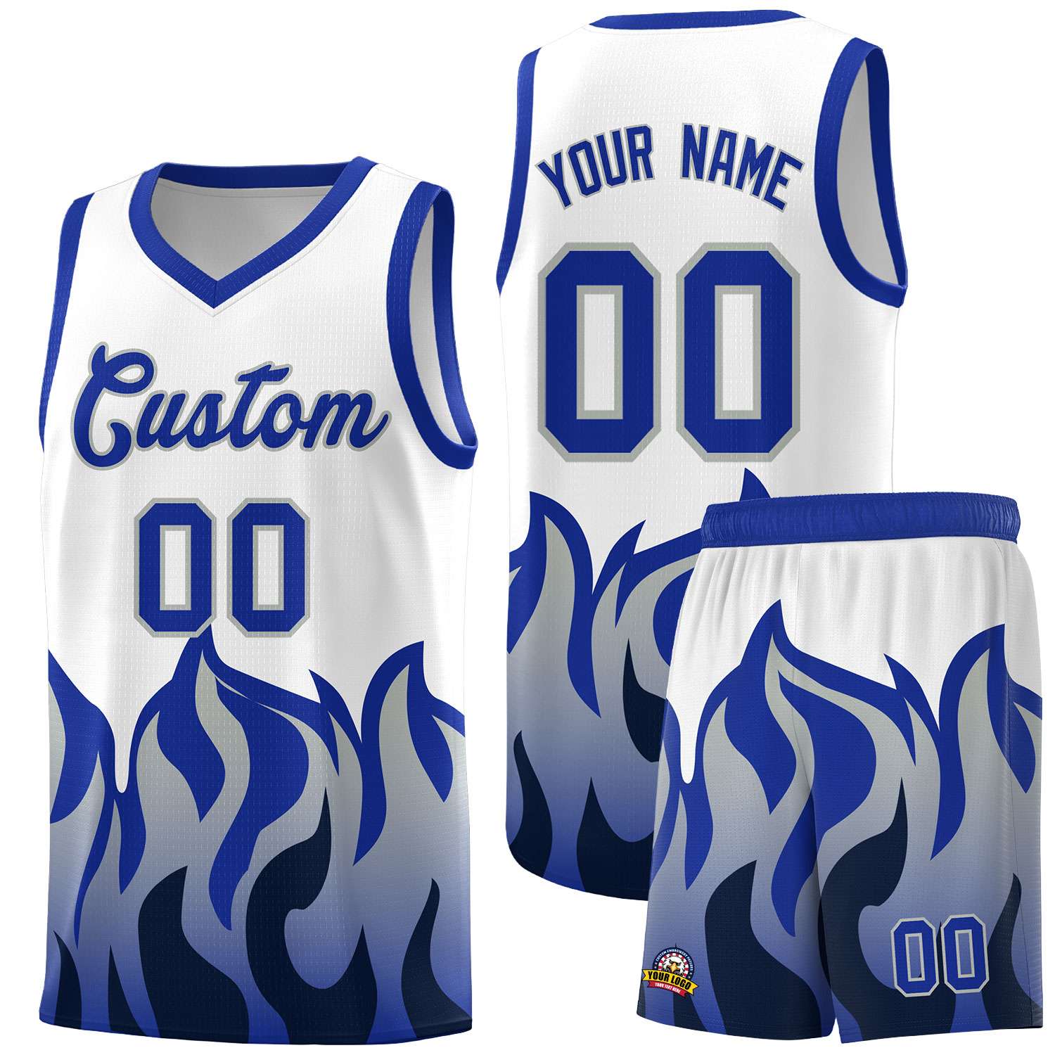 Custom White Royal Hem Flame Pattern Fashion Sports Uniform Basketball jersey