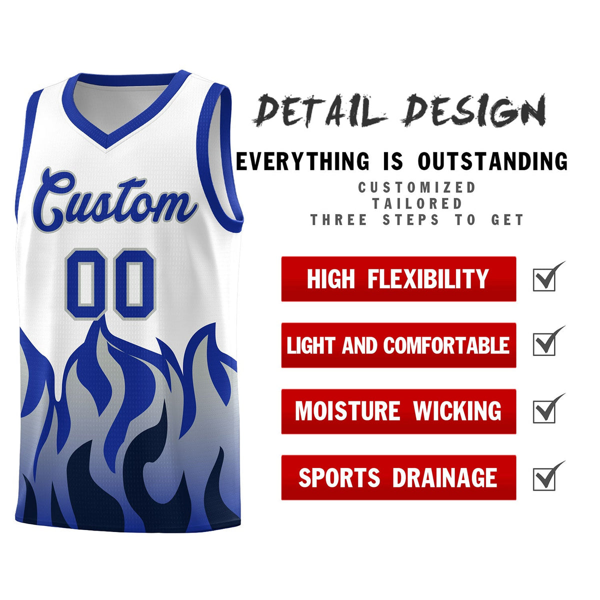 Custom White Royal Hem Flame Pattern Fashion Sports Uniform Basketball jersey