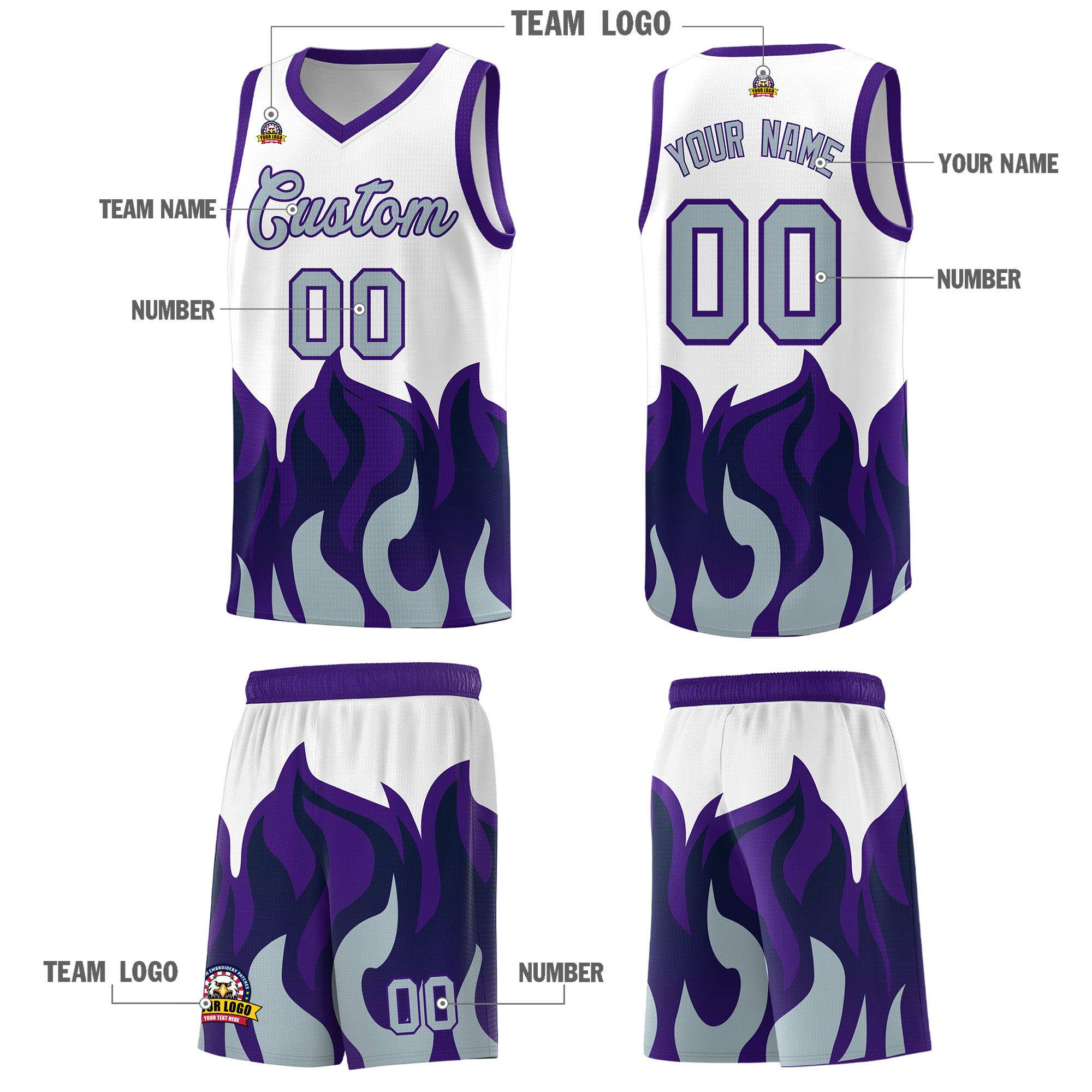 Custom White Purple Hem Flame Pattern Fashion Sports Uniform Basketball jersey