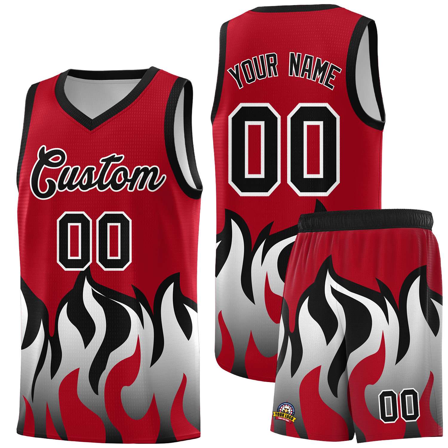 Custom Red Black Hem Flame Pattern Fashion Sports Uniform Basketball jersey