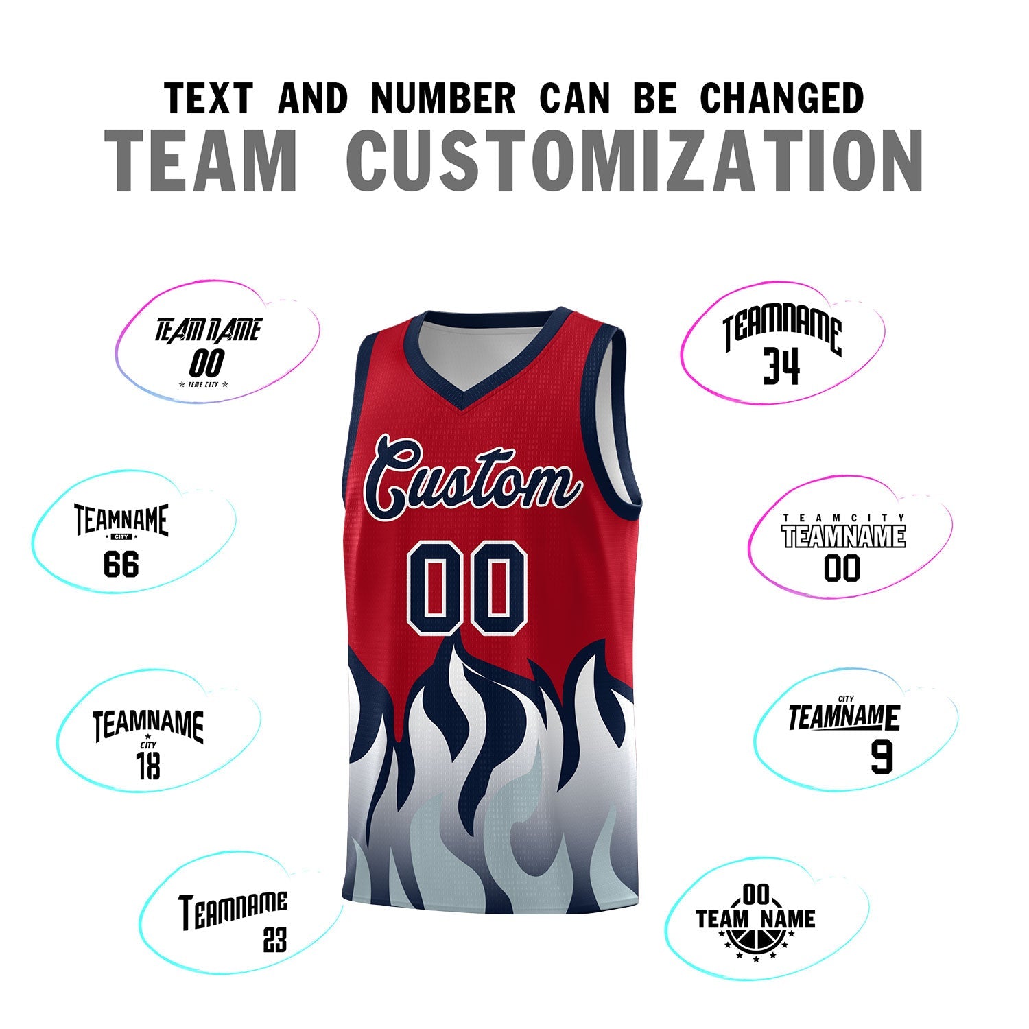 Custom Red Navy Hem Flame Pattern Fashion Sports Uniform Basketball jersey
