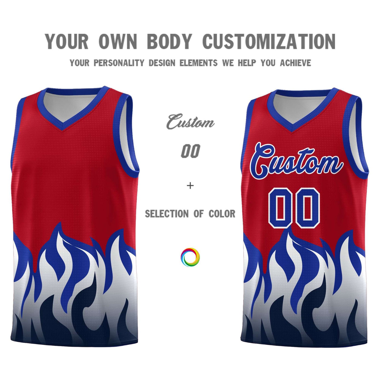 Custom Red Royal Hem Flame Pattern Fashion Sports Uniform Basketball jersey
