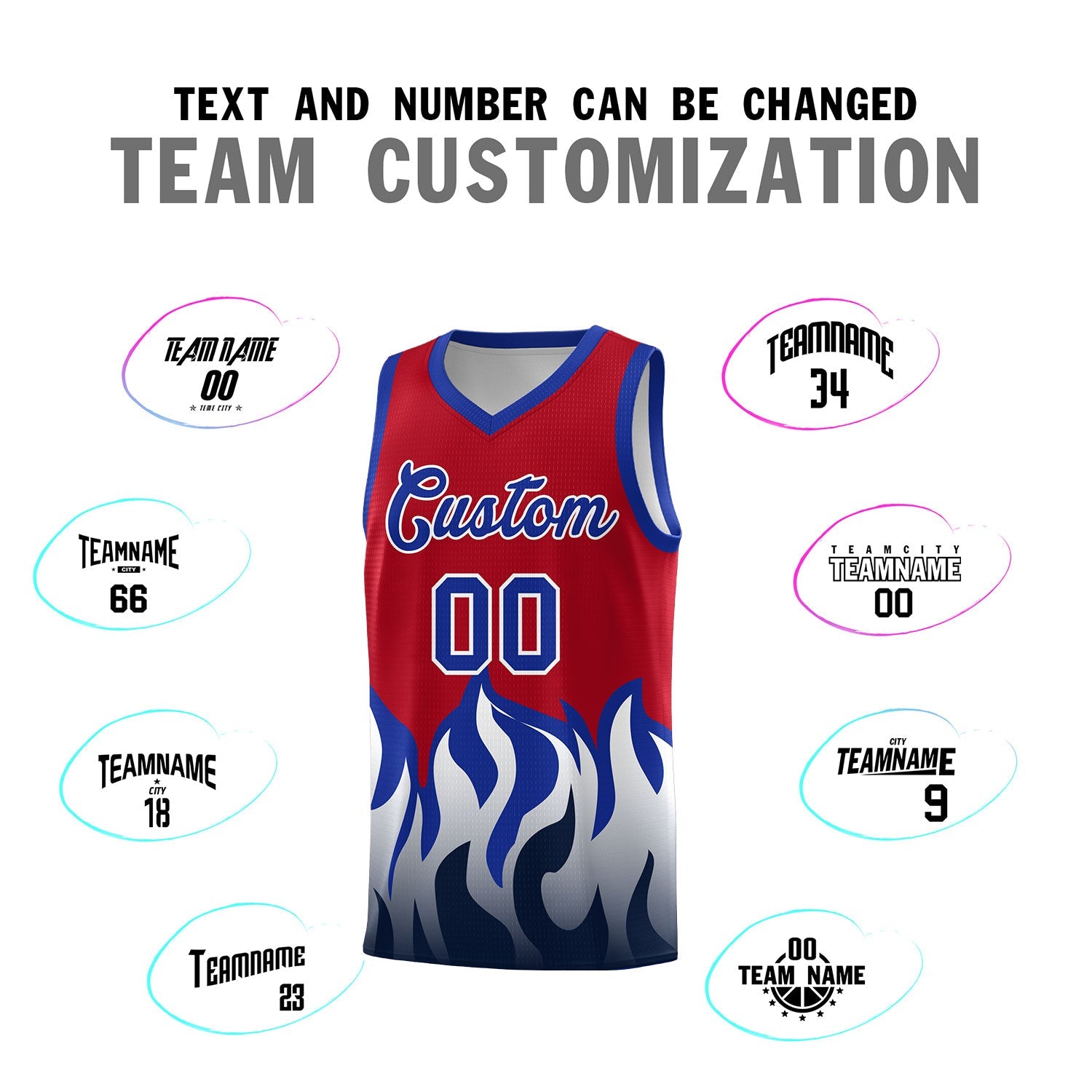Custom Red Royal Hem Flame Pattern Fashion Sports Uniform Basketball jersey