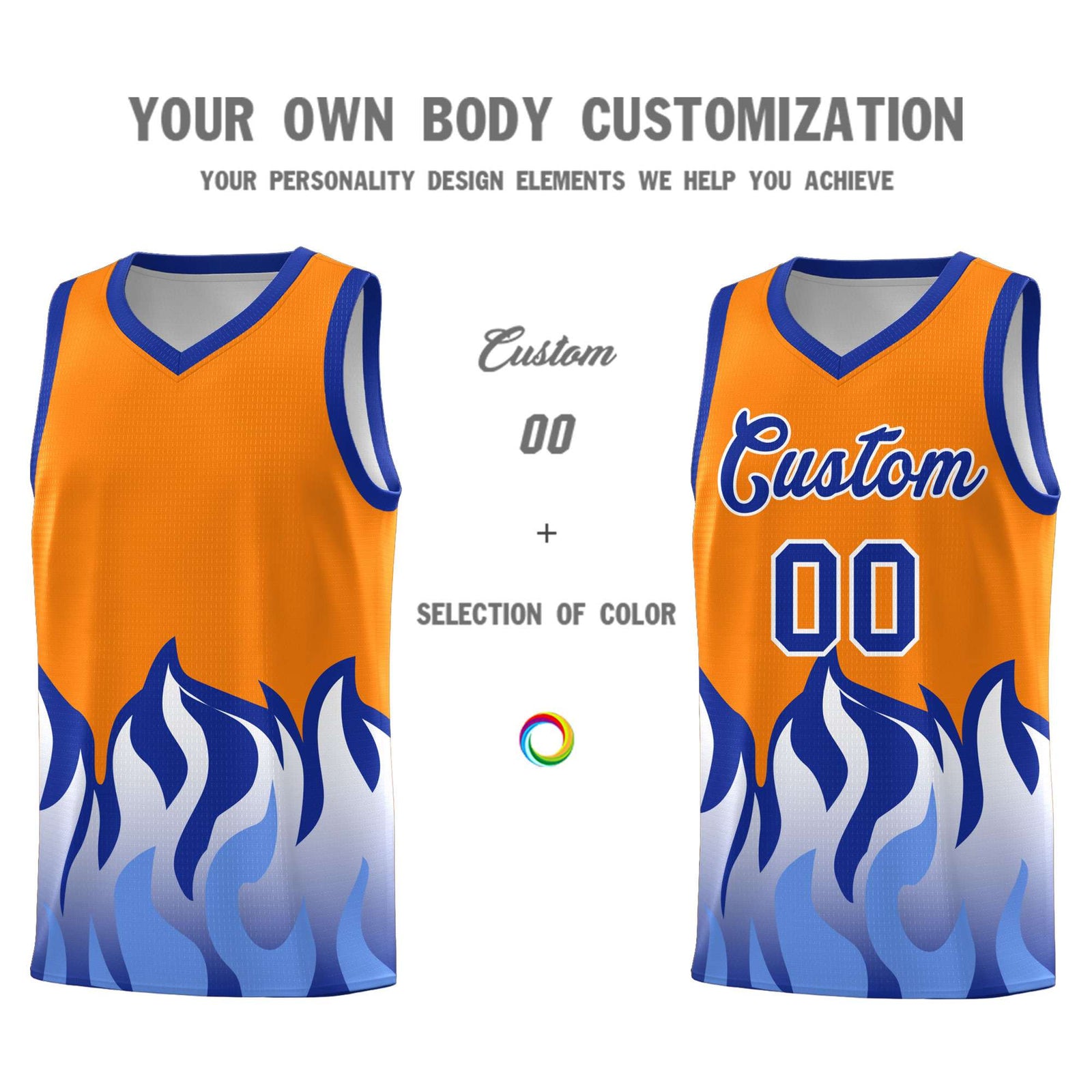 Custom Orange Royal Hem Flame Pattern Fashion Sports Uniform Basketball jersey