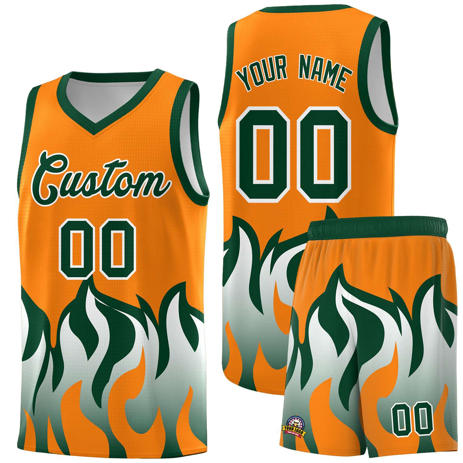 Custom Orange Hunter Green Hem Flame Pattern Fashion Sports Uniform Basketball jersey