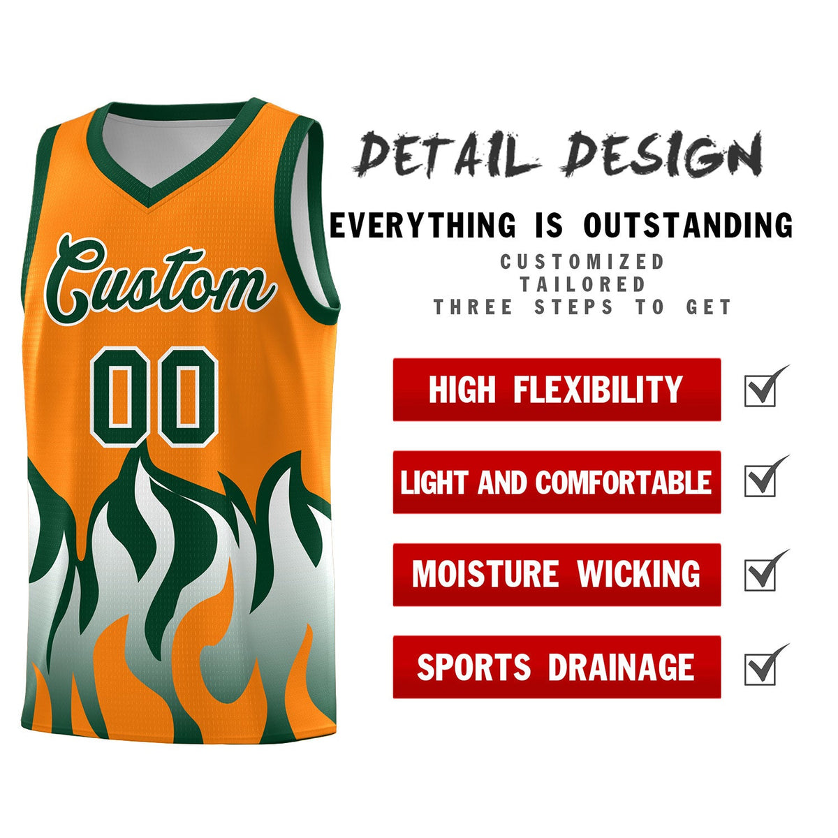 Custom Orange Hunter Green Hem Flame Pattern Fashion Sports Uniform Basketball jersey