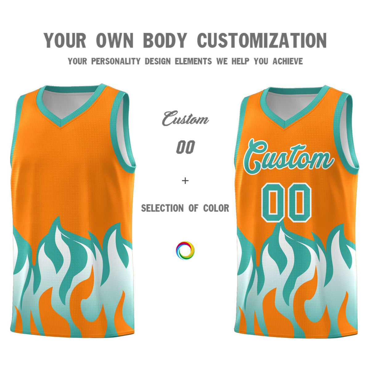 Custom Orange Bright Green Hem Flame Pattern Fashion Sports Uniform Basketball jersey