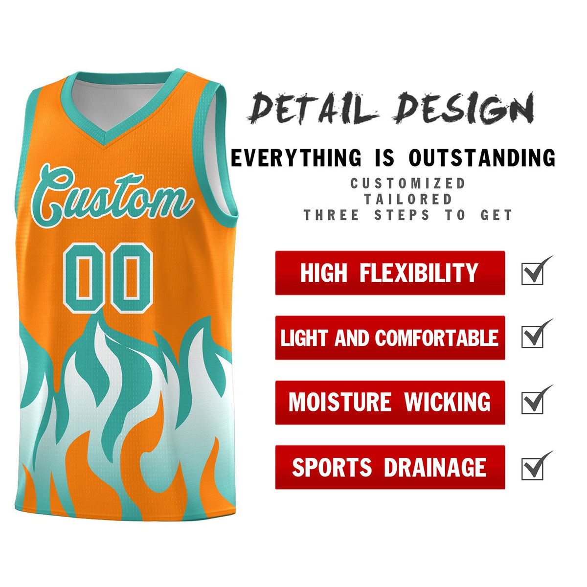 Custom Orange Bright Green Hem Flame Pattern Fashion Sports Uniform Basketball jersey