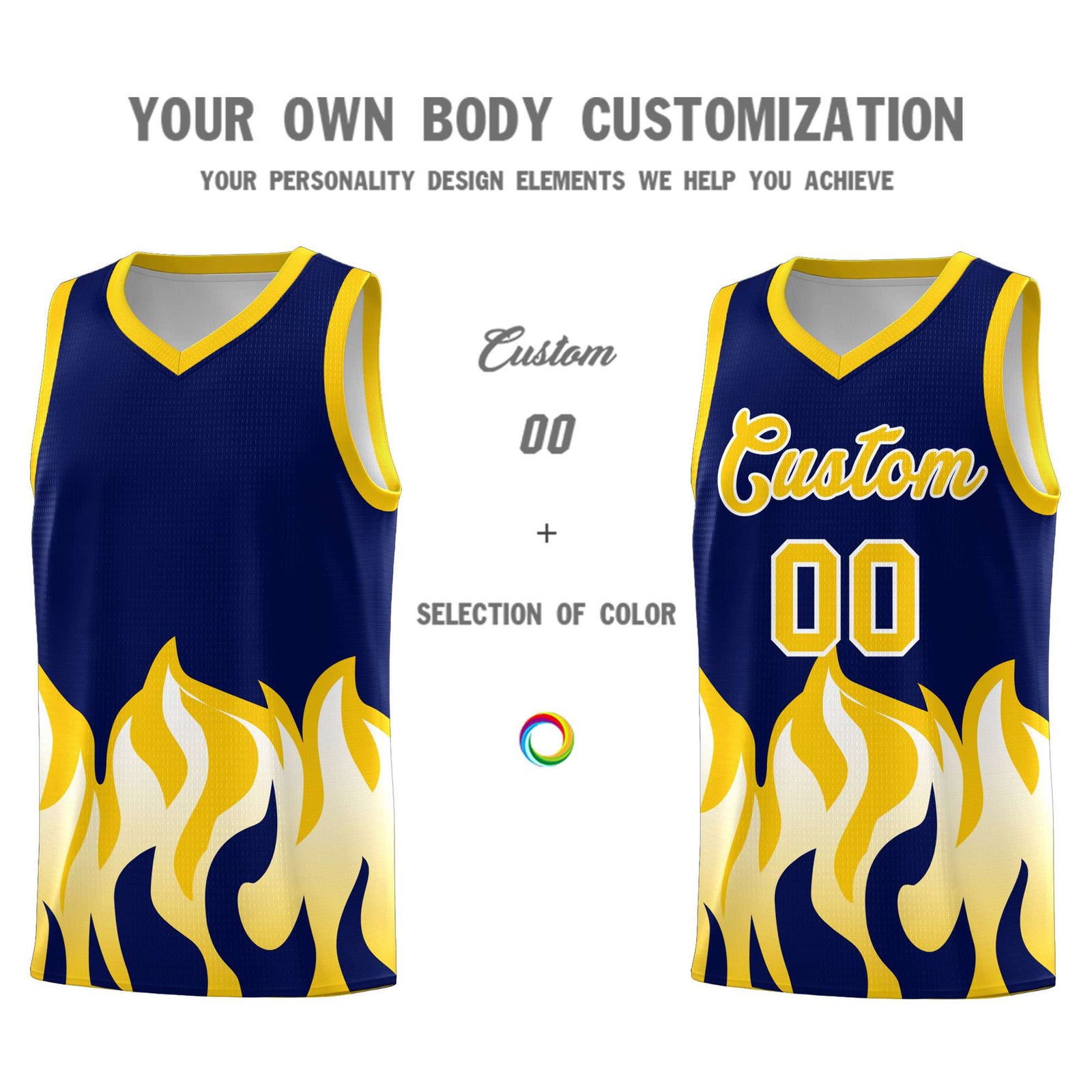 Custom Navy Gold Hem Flame Pattern Fashion Sports Uniform Basketball jersey