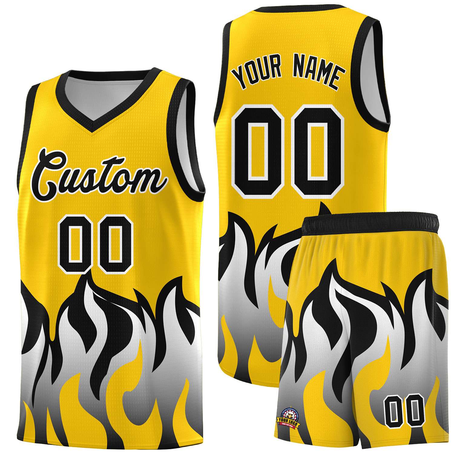 Custom Gold Black Hem Flame Pattern Fashion Sports Uniform Basketball jersey