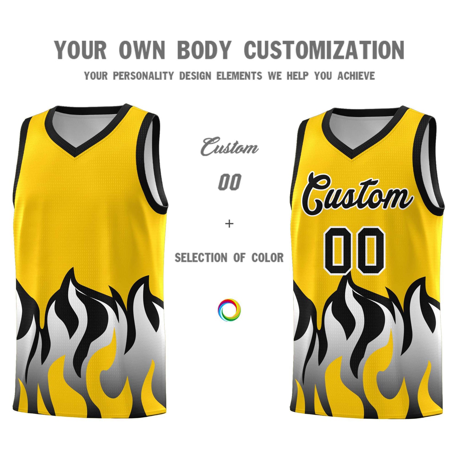 Custom Gold Black Hem Flame Pattern Fashion Sports Uniform Basketball jersey